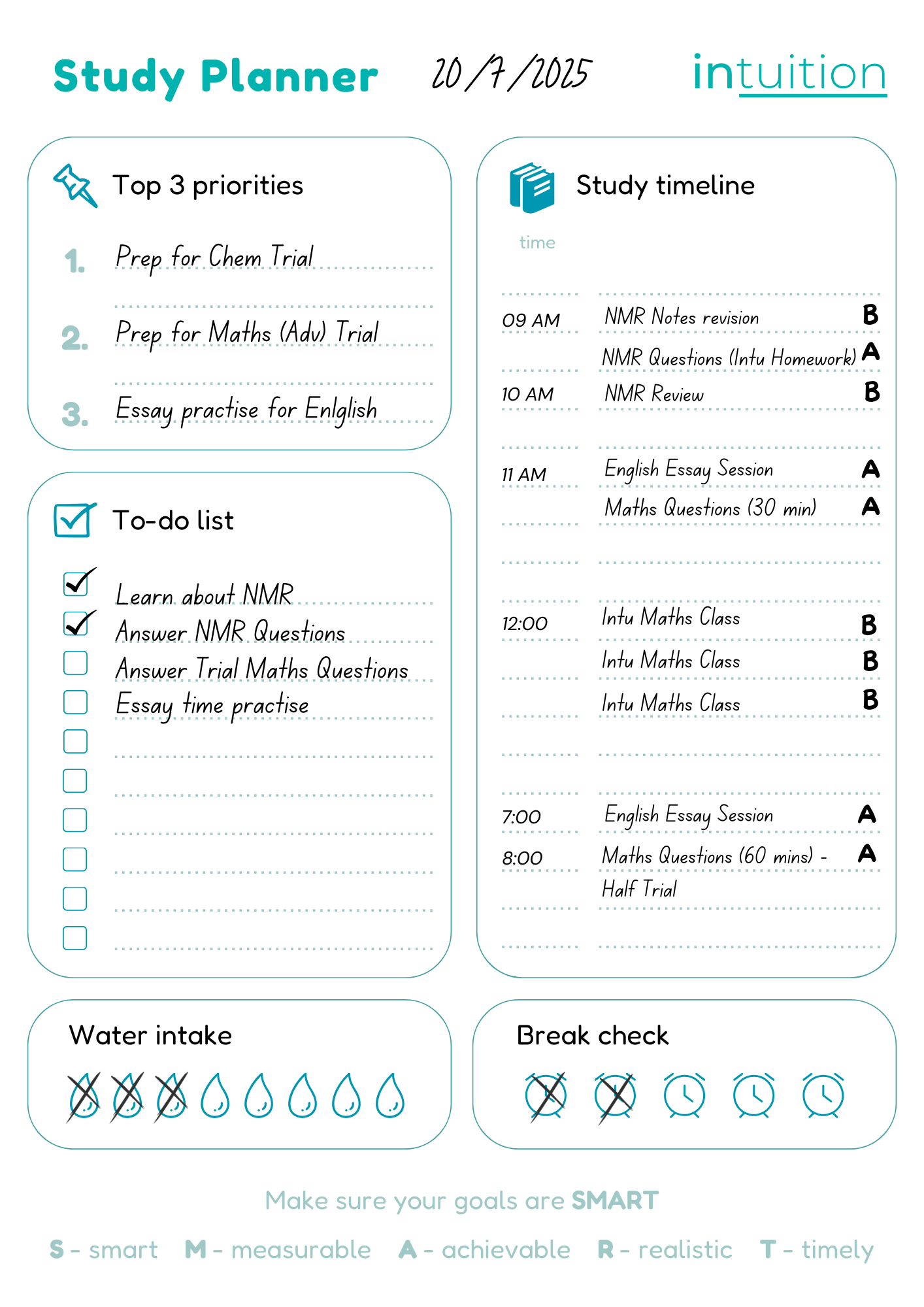 Example Study plan to do page